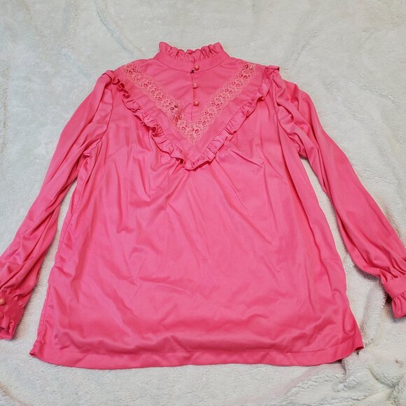 Vintage Prairie Pink Ruffle Edwardian Romantic Grandmacore Lace Blouse 38 Large - Picture 1 of 10